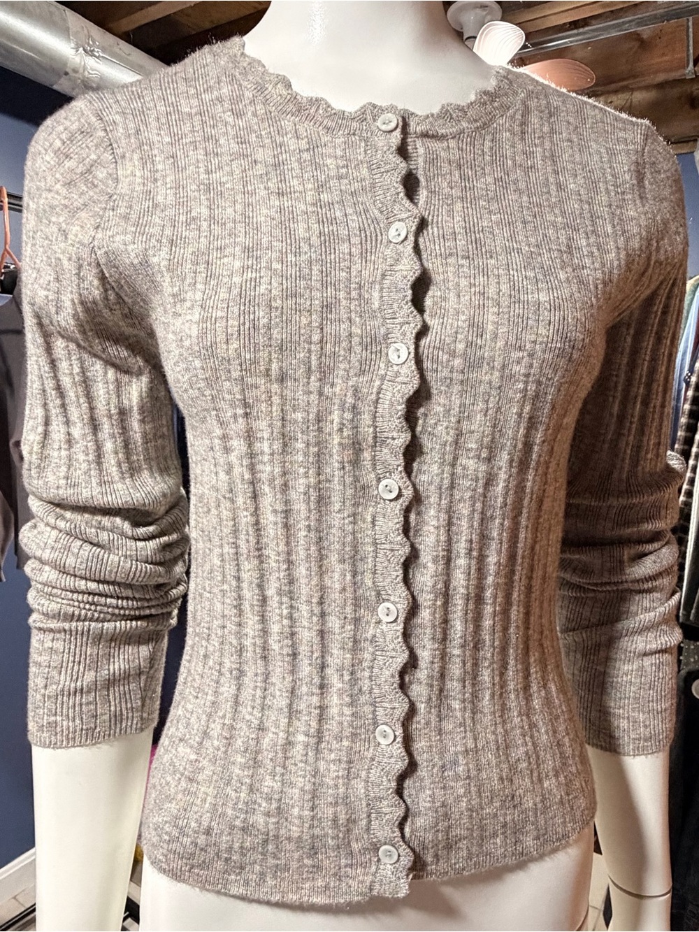 Celebrity Pink Ribbed Scallop-Edge Cardigan Sweater - Light Taupe